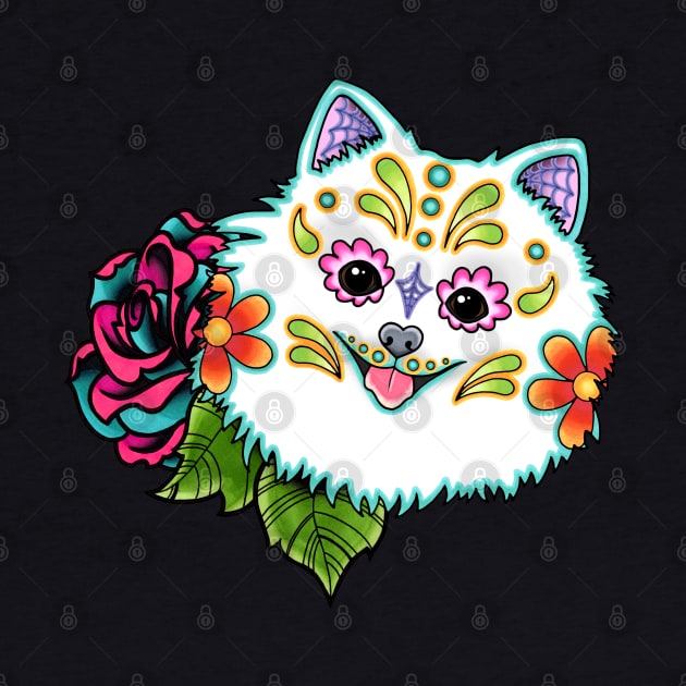 Pomeranian in White - Day of the Dead Sugar Skull Dog by prettyinink